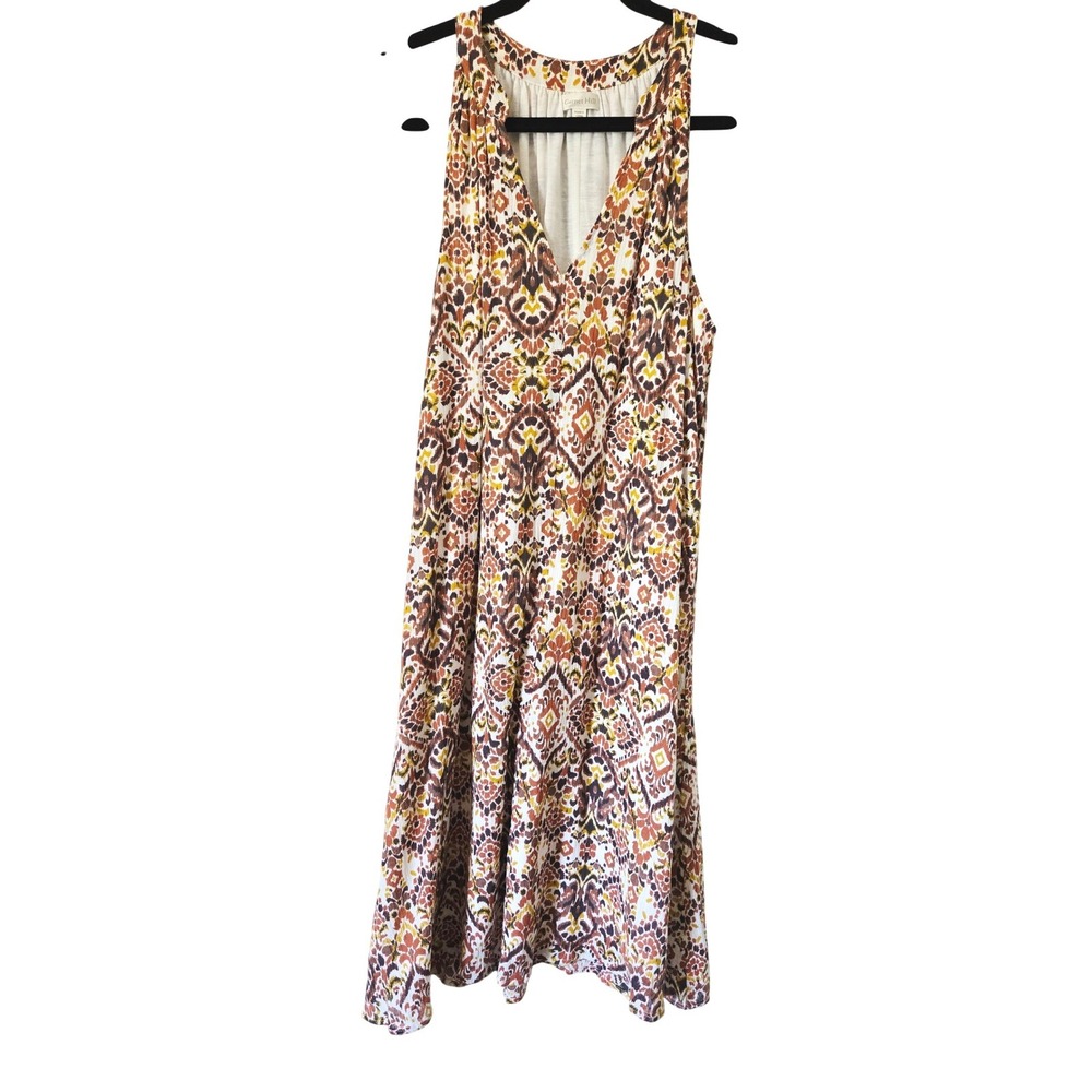 Garnet Hill Womens S 100% Cotton Ikat Print Sleeveless V-Neck Shift Dress Brown